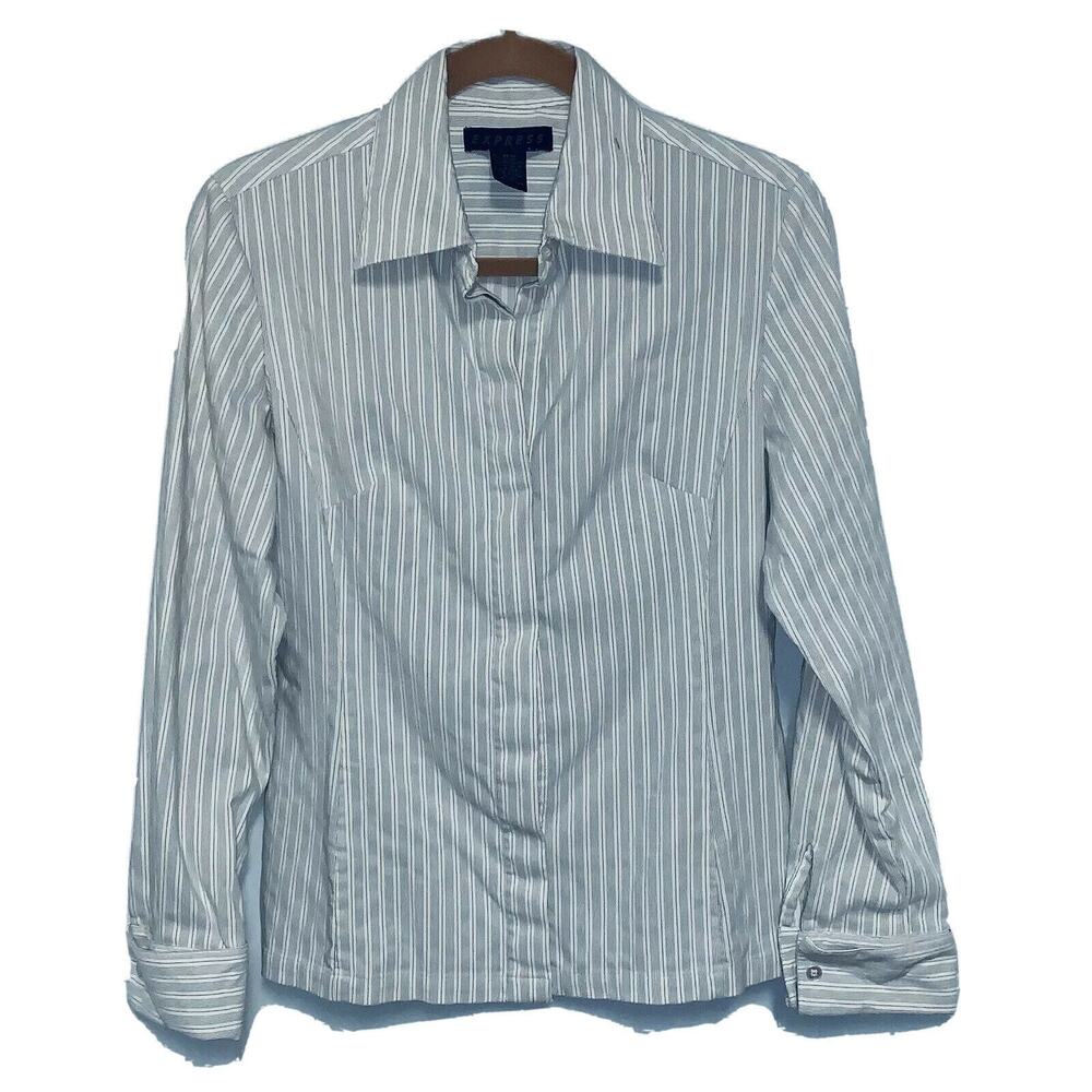 9/10 Express Womens Striped Dress Shirt LS White Black Pin Stripe Fitted Stretch